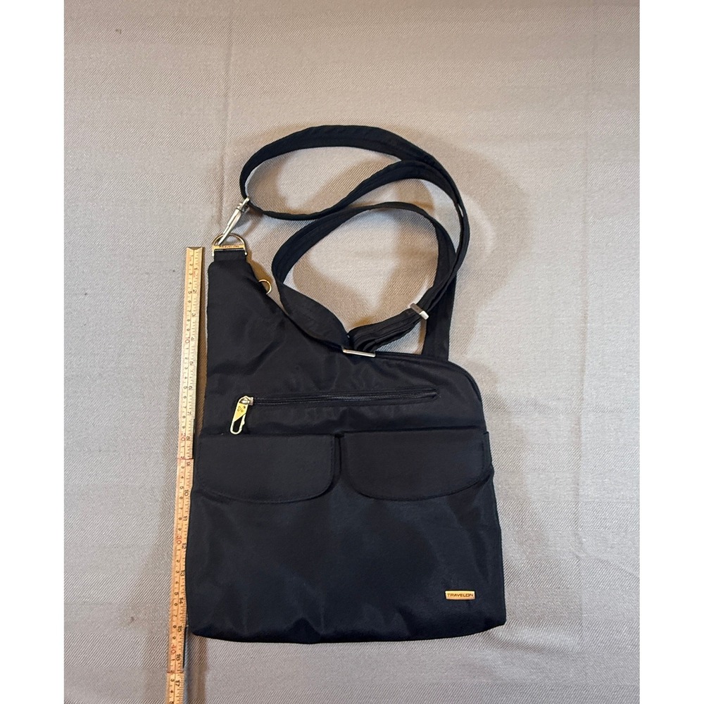 Travelon Anti-Theft Crossbody Bag Black Nylon Teal Lining Adjustable Strap Slim - Picture 5 of 8
